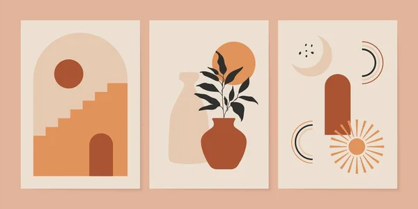 Soyut boho posterleri. Çağdaş doğa arka planı bohem estetik, minimalist duvar dekoru. Vektör illüstrasyonu