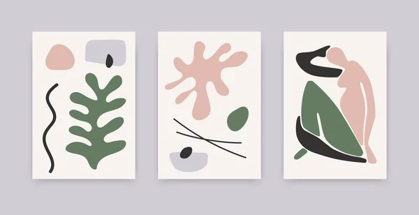 Abstrakta samtida affischer. Matisse inspirerade organiska former, blommig konst collage set, handritad inredning. Vektorillustration — Stock vektor