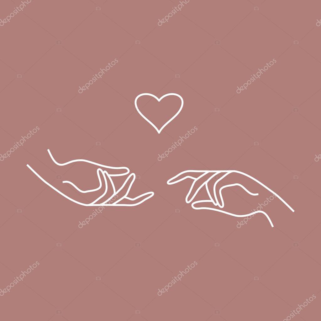 Abstract love heart hands. Freehand doodle drawing for valentines day card, line design for web, logo. Vector illustration.