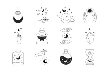 Boho doodle magic icons set. Mystic simple hand drawn logos crystal sun lotus moon. Abstract line vector illustration clipart