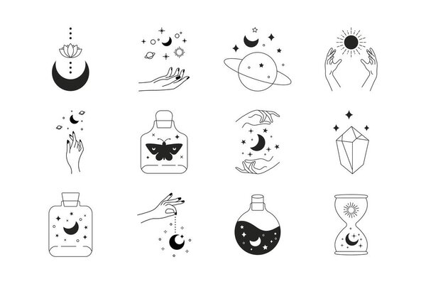 Набор волшебных иконок Бохо. Мистический простой нарисованный вручную логос хрустальное солнце Лотос Луны. Абстрактная векторная иллюстрация