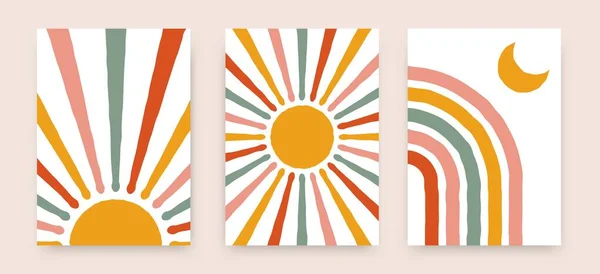 Soyut güneş gökkuşağı posterleri. Boho çocuksu geçmişleri, çağdaş kamuflajlar. Geometrik vektör duvar dekoru