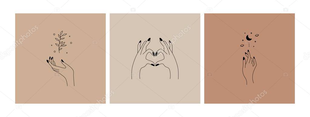 Abstract female hands logo. Hand drawn boho feminine fingers with flower, moon, heart shape. Linear vector illustration.