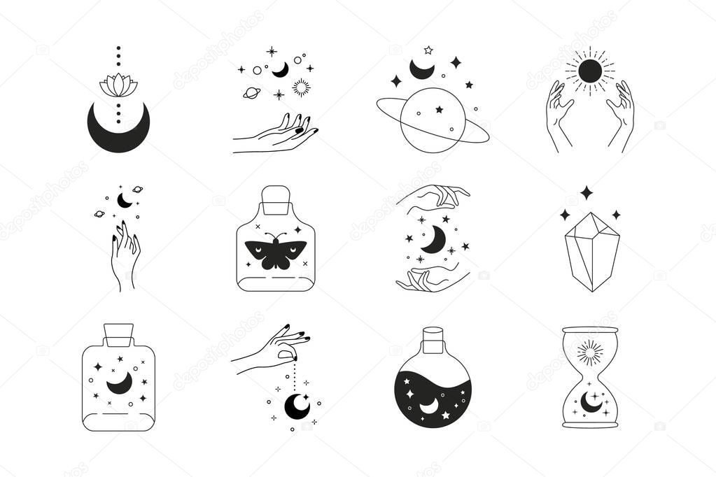 Boho doodle magic icons set. Mystic simple hand drawn logos crystal sun lotus moon. Abstract line vector illustration. Vector illustration.