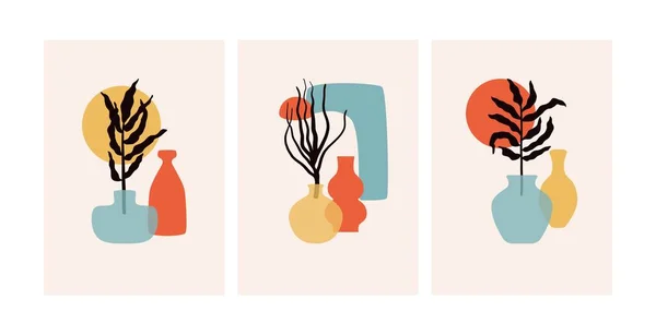 Ensemble abstrait d'affiches florales. Fleurs contemporaines en pots, fond d'écran vase botanique minimal, décor d'art. Illustration vectorielle — Image vectorielle