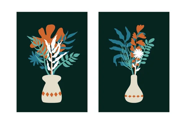 Affiche abstraite de fleurs de vase. Ensemble de fonds d'écran floraux plats minimaux pour la décoration de style contemporain, art vectoriel — Image vectorielle