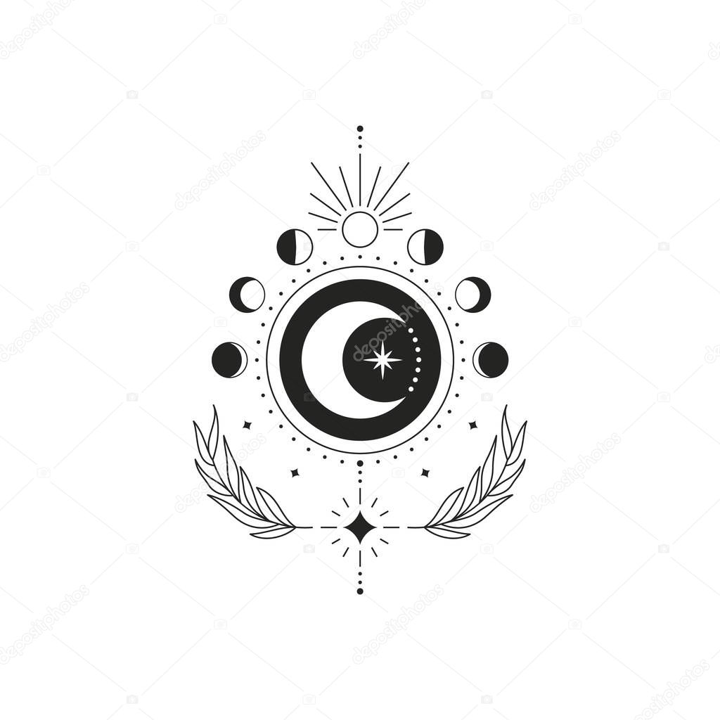 Abstract esoteric line drawing. Boho moon phases mystical magic celestial tattoo, minimal logo design. Vector illustration.