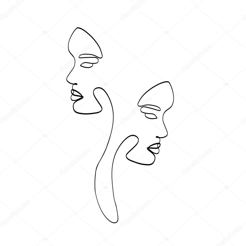 Abstract line woman faces. Continuous one line drawing female portraits, contemporary line art. Vector illustration