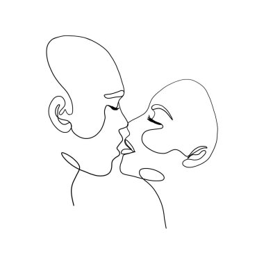 Aşk çifti sürekli bir çizgi. Soyut erkek kadın, asgari bir çizgi stili, çağdaş sanat vektörü illüstrasyonunu öper.
