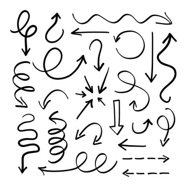 Hand drawn doodle arrow set. Cartoon abstract decorative arrows, thin pen markers. Vector illustration clipart