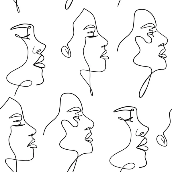 Mujer lineal cara patrón sin costuras. Retrato femenino abstracto mínimo de una línea, impresión de arte moderno. Ilustración vectorial — Vector de stock