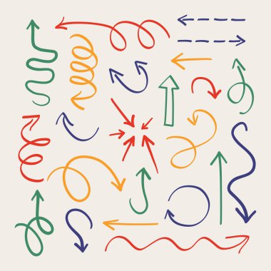 Elle çizilmiş oklar. Çizgi film soyut dekoratif ok seti, ince kalem işaretleri. Vektör illüstrasyonu