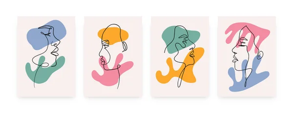 Absztrakt női portré plakátok. Minimális egyvonalas női arc organikus formák, modern művészet. Vektorillusztráció — Stock Vector