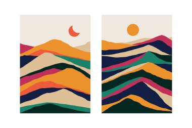 Soyut geometrik manzara resmi. Minimalist dağ duvarı dekorasyonu, 50 'lerin çağdaş posterleri estetik. Vektör sanatı