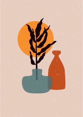Çağdaş çiçek vazosu sanat baskısı. Minimum poster, soyut botanik duvar dekorasyonu, çiçekli çömlek. Vektör illüstrasyonu