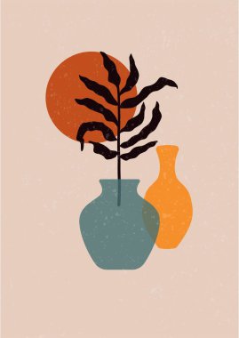 Çağdaş çiçek vazosu posteri. Soyut asgari duvar kağıdı, botanik duvar dekorasyonu, çiçekli çömlek. Vektör illüstrasyonu