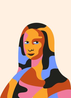 Mona Lisa portresi. Pop sanat soyut çizimi Gioconda Leonardo da Vinci, renkli geometrik poster. Vektör illüstrasyonu
