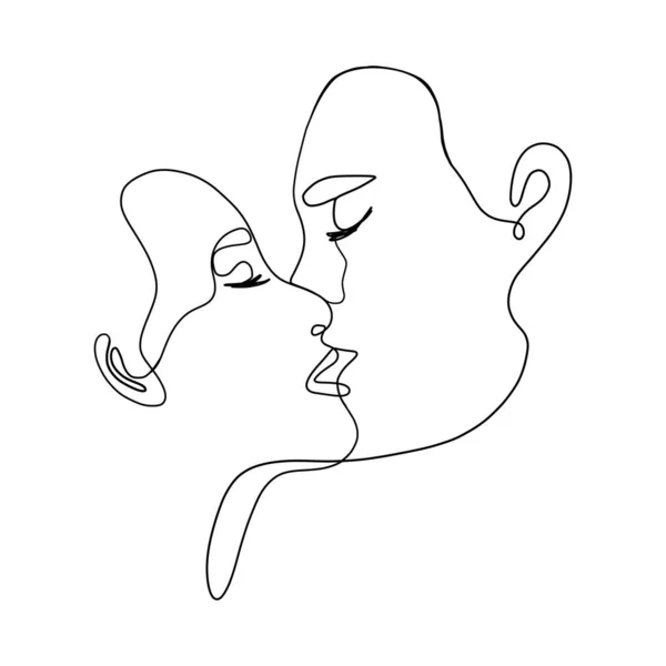 愛のカップルラインアート。ミニマリストの男性と女性の顔、連続線形のキスを描く。ベクトル抽象イラスト — ストックベクタ