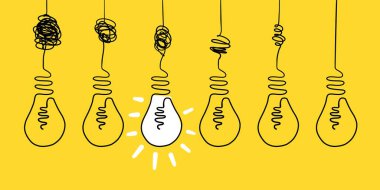 Simplifying complex process concept. Doodle lightbulb on yellow background, unclear idea abstract curve drawing. Vector art clipart