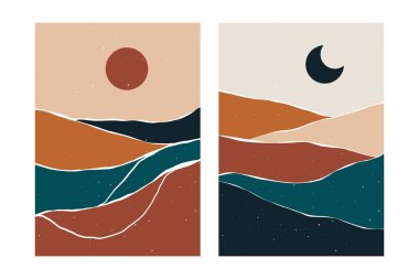 Soyut çağdaş dağ geçmişleri. Boho posteri, güneş ay manzarası, minimalist duvar dekoru. Vektör resim baskısı