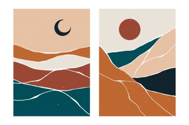 Soyut çağdaş manzara posterleri. Boho arka planı, güneş ay dağları, minimalist duvar dekoru. Vektör resim baskısı