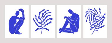 Soyut Matisse sanat baskısı seti. Çağdaş çağdaş posterler kadın siluetleri ve yaprakları. Vektör arkaplanı