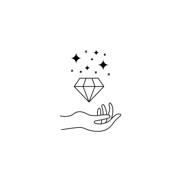 Boho mão desenhado logotipo mágico. Mínimo boêmio místico linha mão segurar diamante esotérico tatuagem sinal, design de ilustração vetorial —  Vetores de Stock