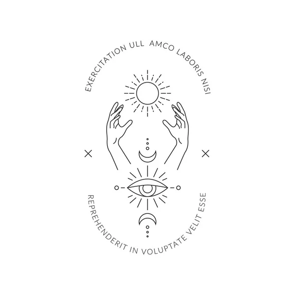 Boho disegnato a mano logo magico. Minimale bohemien mistico lineare mani luna sole occhio simboli esoterici tatuaggio, illustrazione vettoriale — Vettoriale Stock