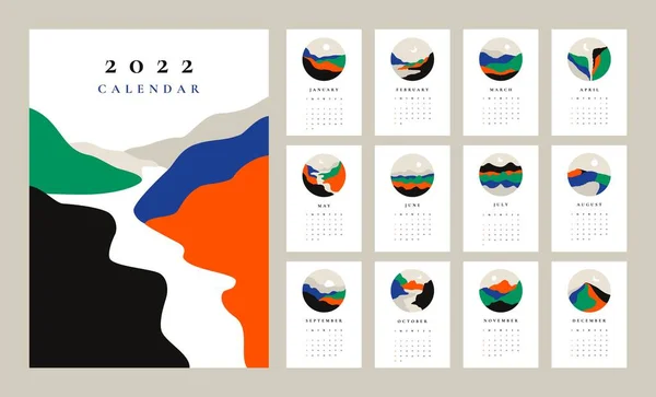 Design astratto del calendario 2022. Pianificatore di calendario di montagna stile minimale, organizzatore annuale. Illatio vettoriale — Vettoriale Stock