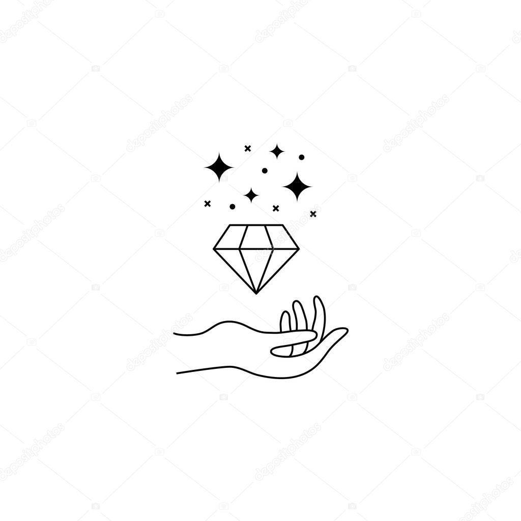 Boho hand drawn magic logo. Minimal bohemian mystic line hand hold diamond esoteric tattoo sign, vector illustration design.
