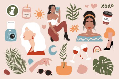 Soyut kadın siluetleri ve nesneler. Sosyal medya içeriğini çağdaş tarzda beslemek için minimalist seti. Vektör illüstrasyonu