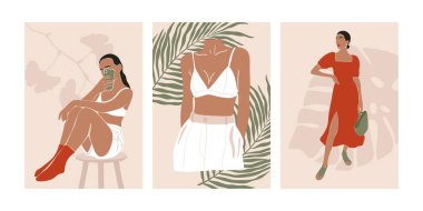 Soyut kadın posterleri. Asgari basılabilir duvar sanatı modern tarz, moda kadın arka plan seti. Vektör illüstrasyonu