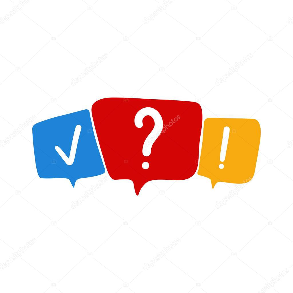 Quiz poll mark icons. Questionnaire signs cartoon flat bubble speech elements, discussion group concept. Vector illustration