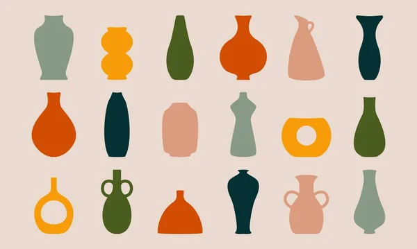 Ancien ensemble de poterie. Vase en céramique silhouettes amphores silhouettes abstraites, dessinées à la main des icônes isolées. Illustration vectorielle — Image vectorielle