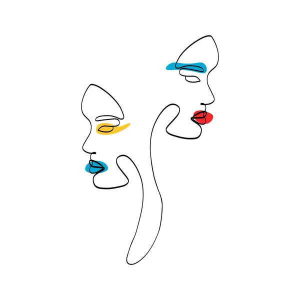 Une ligne deux visages. Dessin abstrait en ligne continue de portraits féminins, art contemporain du milieu du siècle. Illustration vectorielle — Image vectorielle