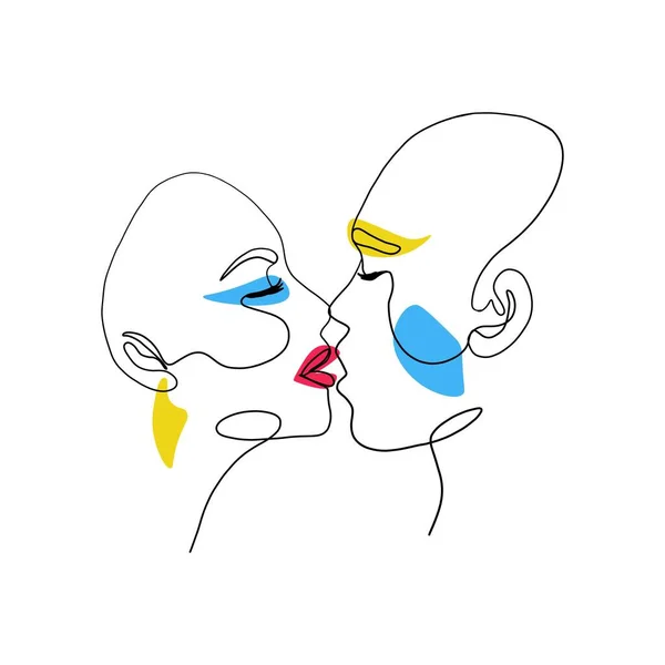 Love couple continuous line. Abstract man woman kiss minimal one line style, contemporary art vector illustration — Stock Vector