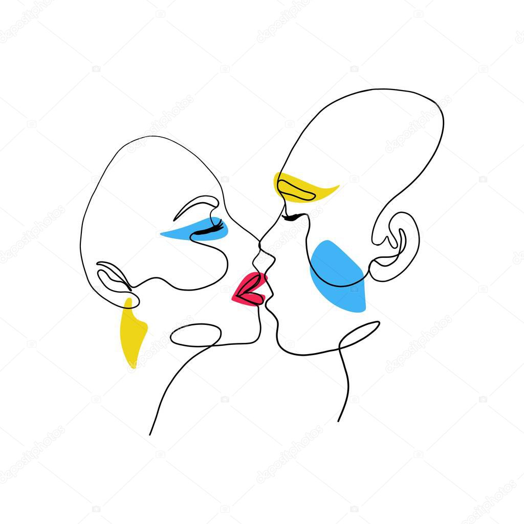 Love couple continuous line. Abstract man woman kiss minimal one line style, contemporary art vector illustration