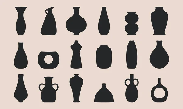 Αρχαίο σετ κεραμικής. Μαύρο κεραμικό βάζο σχήμα αμφορέα σιλουέτα, ζωγραφισμένα στο χέρι μεμονωμένες εικόνες. Εικονογράφηση διανύσματος — Διανυσματικό Αρχείο