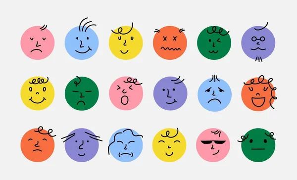 Icone astratte del volto del sorriso. Cartoon round emoji avatar, set di personaggi emoticon, divertenti elementi vettoriali isolati doodle — Vettoriale Stock