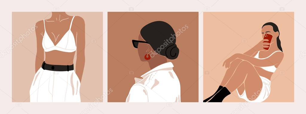 Fashion female portraits. Abstract woman art prints, contemporary clipart, social media avatar. Vector flat illustration.