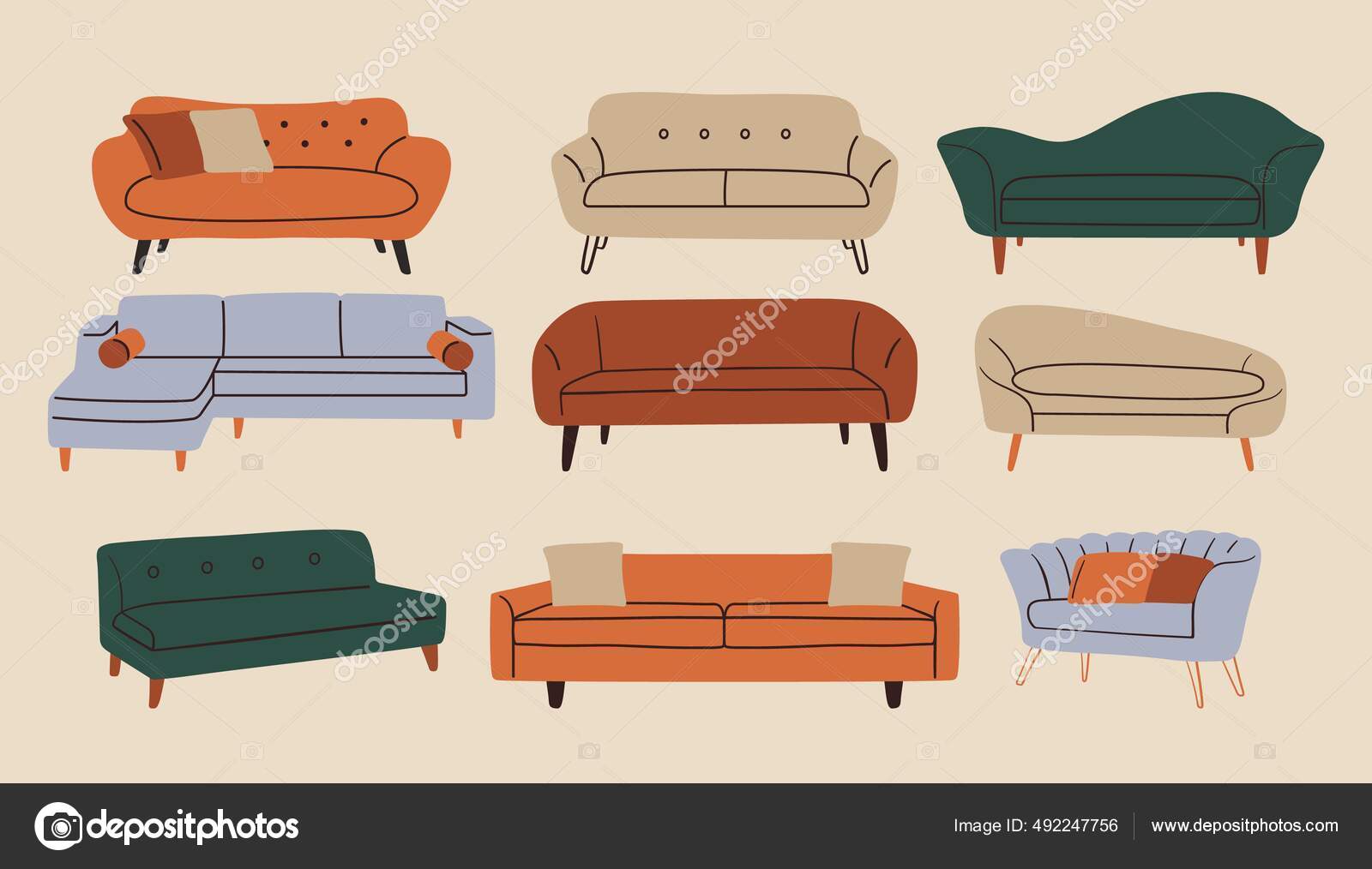 Doodle modern furniture set. Comfortable sofa couch mid century