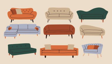 Doodle modern furniture set. Comfortable sofa couch mid century contemporary style, vector room decoration interior design