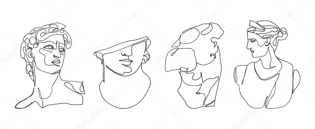 One line ancient greek sculptures. Greece mythology statues hand drawn continuous line, david goddess head torso. Vector art