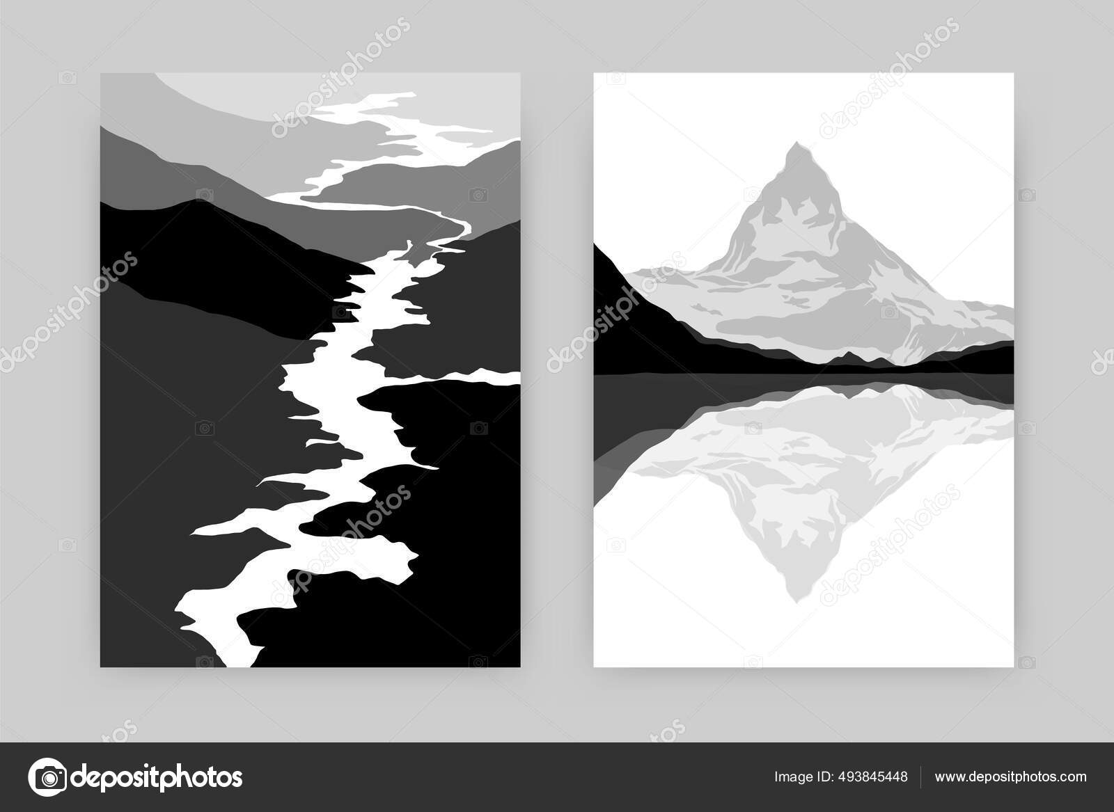 Montaña paisaje arte impresión conjunto. Carteles monocromáticos de escenas  de la naturaleza, decoración de pared contemporánea mínima. Ilustración vectorial  Vector de stock #493845448 de ©Arelix, image size:1600x1167