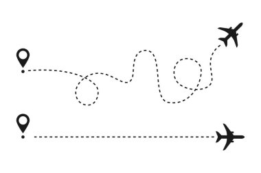 Uçak noktalı hat rotası. Kalkış noktası olan uçak pisti, uçuş uçağı takibi. Vektör illüstrasyonu