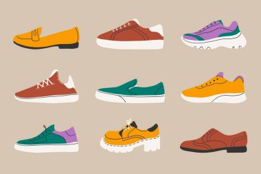 Modern ayakkabı ikonları. Spor ayakkabıları, spor ayakkabıları, spor ayakkabıları, spor ayakkabıları, kadın ayakkabıları seti, el yapımı vektör grafiği.