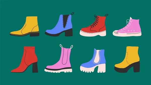 Iconos de zapatos abstractos. Botas de senderismo, zapatillas deportivas, calzado de primavera de otoño. Elementos vectoriales aislados — Archivo Imágenes Vectoriales