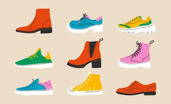 Iconos de zapatos abstractos. Conjunto de botas de paseo, zapatillas deportivas gimnasio, calzado de senderismo, zapatos aislados dibujados a mano. Diseño vectorial — Vector de stock