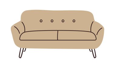 Modern kanepeyi karala. Rahat mobilyalar, orta çağ kanepe modern stili, vektör odası dekorasyonu iç tasarım.