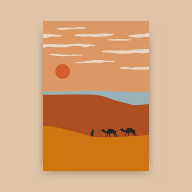 Çöl manzarası posteri. Yüzyıl ortası sanat baskısı güneş doğası sahnesi, asgari çağdaş duvar dekoru. Vektör illüstrasyonu